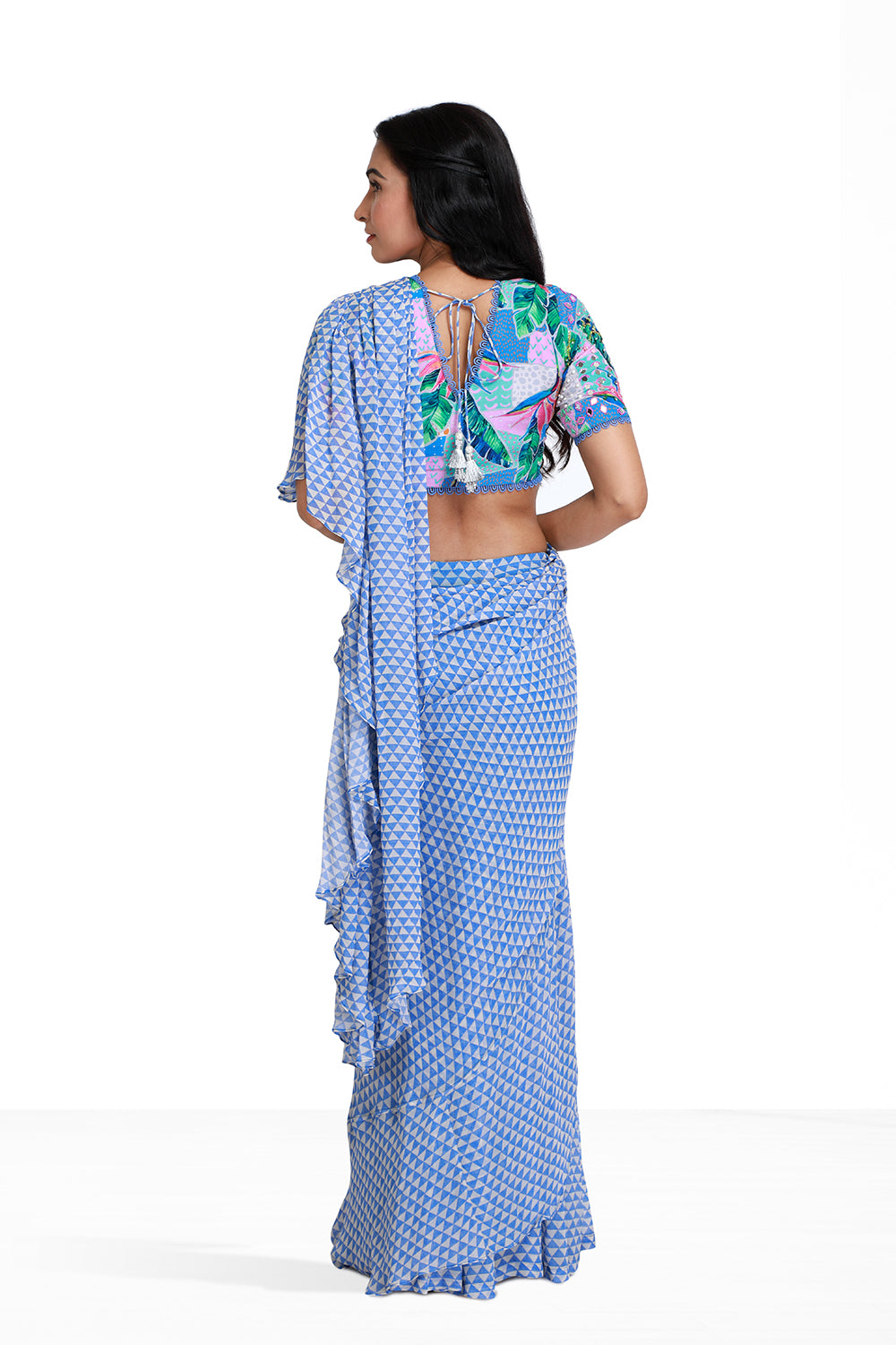Blue Pre Draped Saree - Set of 2