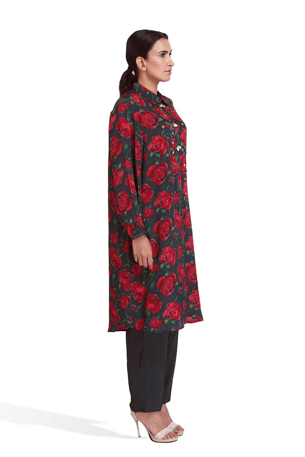 Black And Rose Print Long Kurta Set - Set of 2