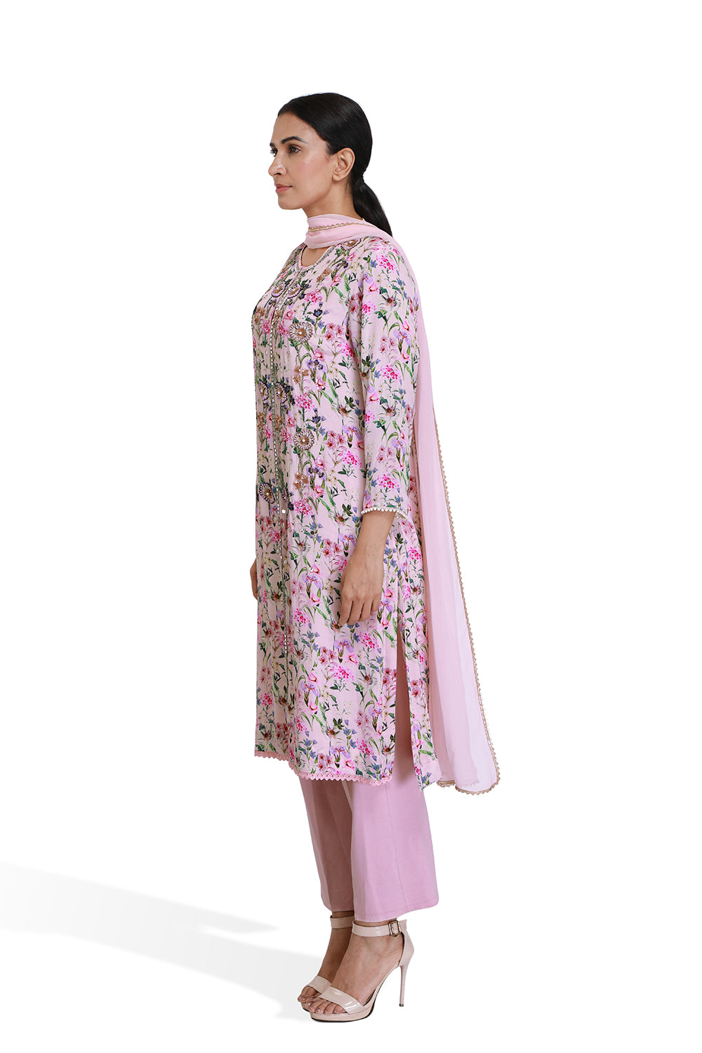 Pink Floral Print Long Kurta Set - Set of 2