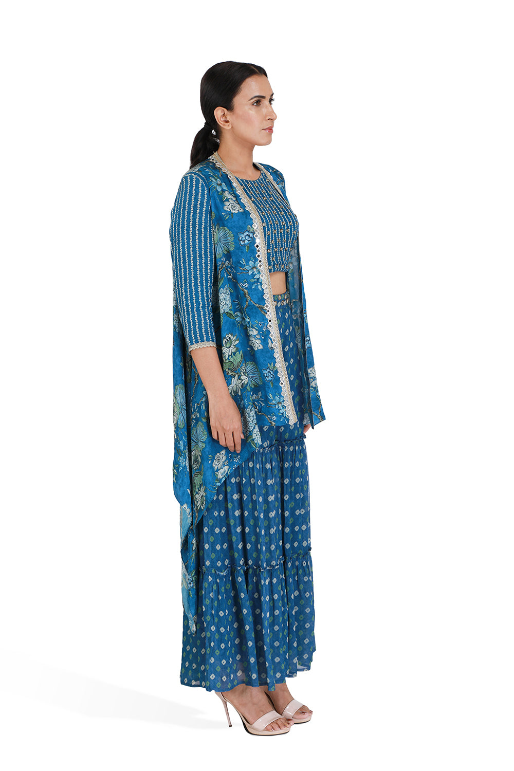 Blue Floral Cape With Crop Top & Sharara Pants - Set of 3