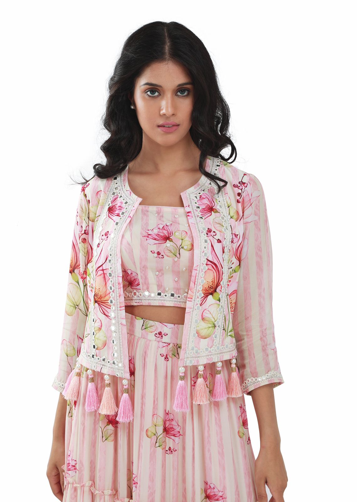 Pink And White Stripe Bustier And Skirt Set With Jacket - Set of 3
