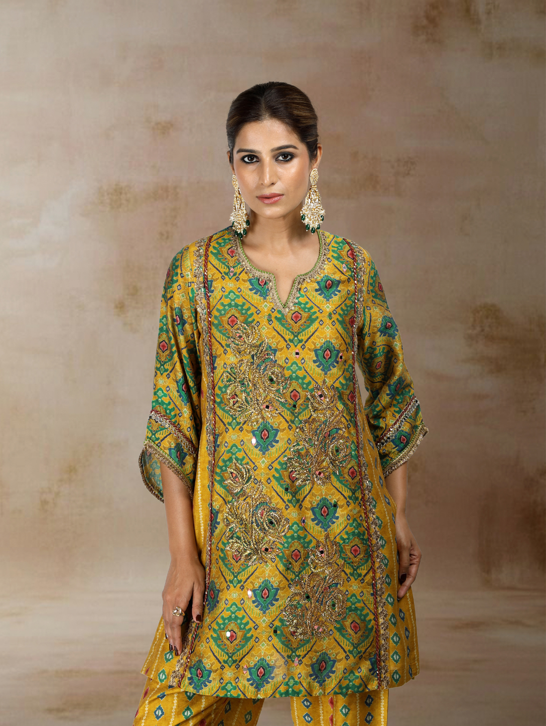 Sorai Ikat Bandhini Kurta Set in Ochre