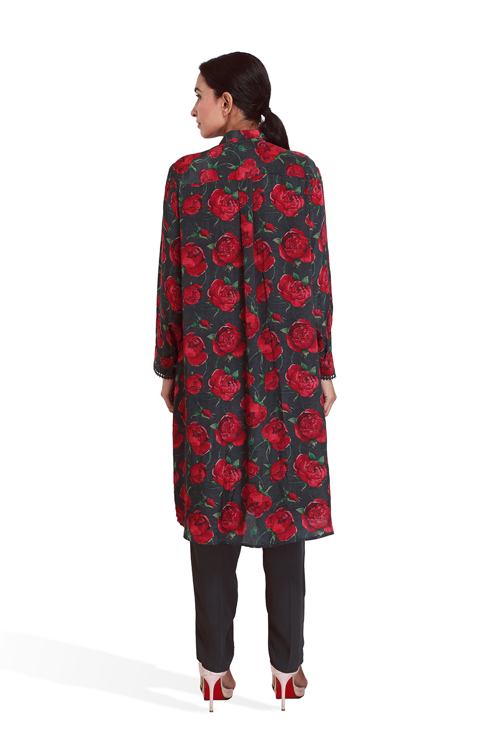 Black And Rose Print Long Kurta Set - Set of 2