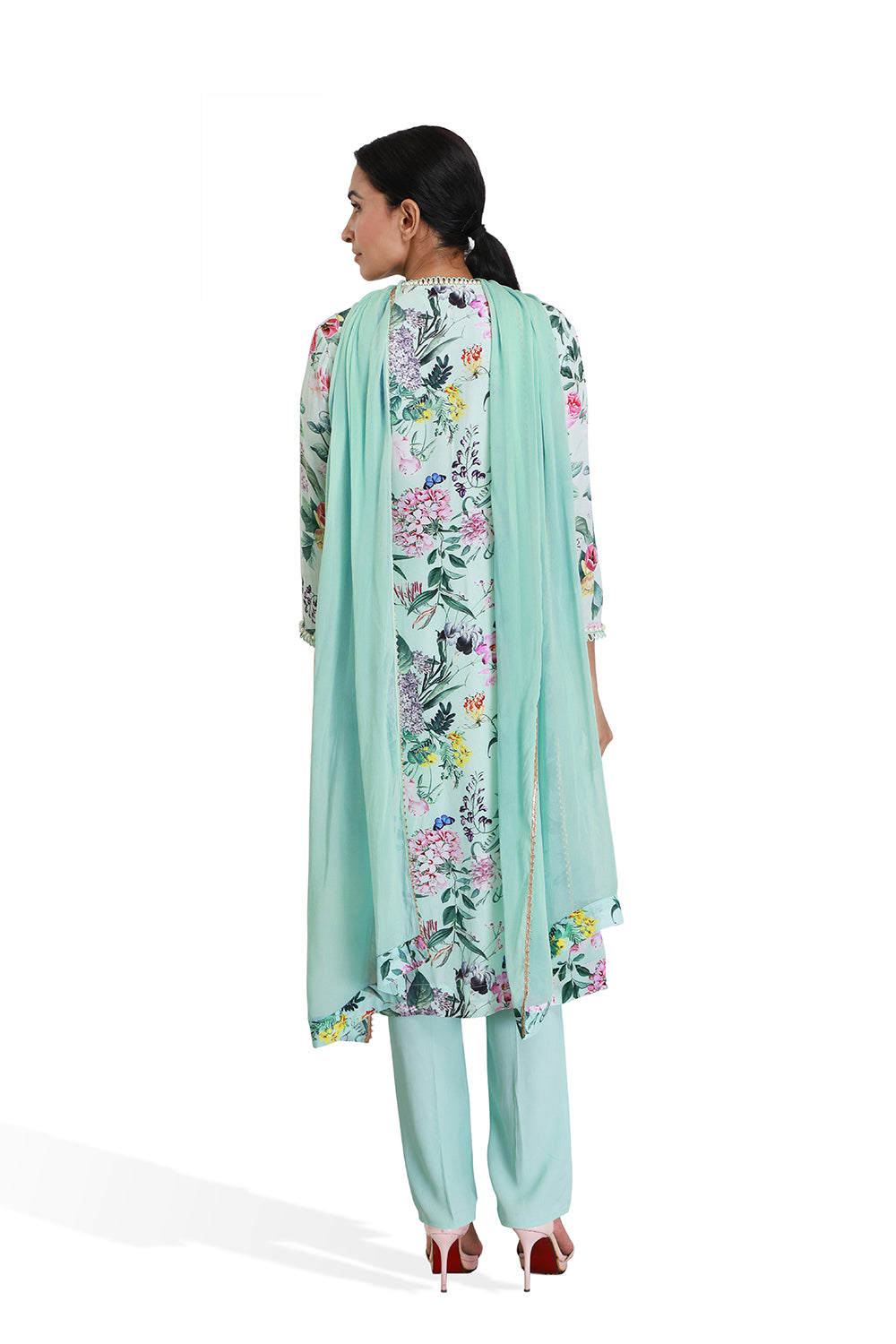 Turqoise Floral Print Long Kurta Set - Set of 2