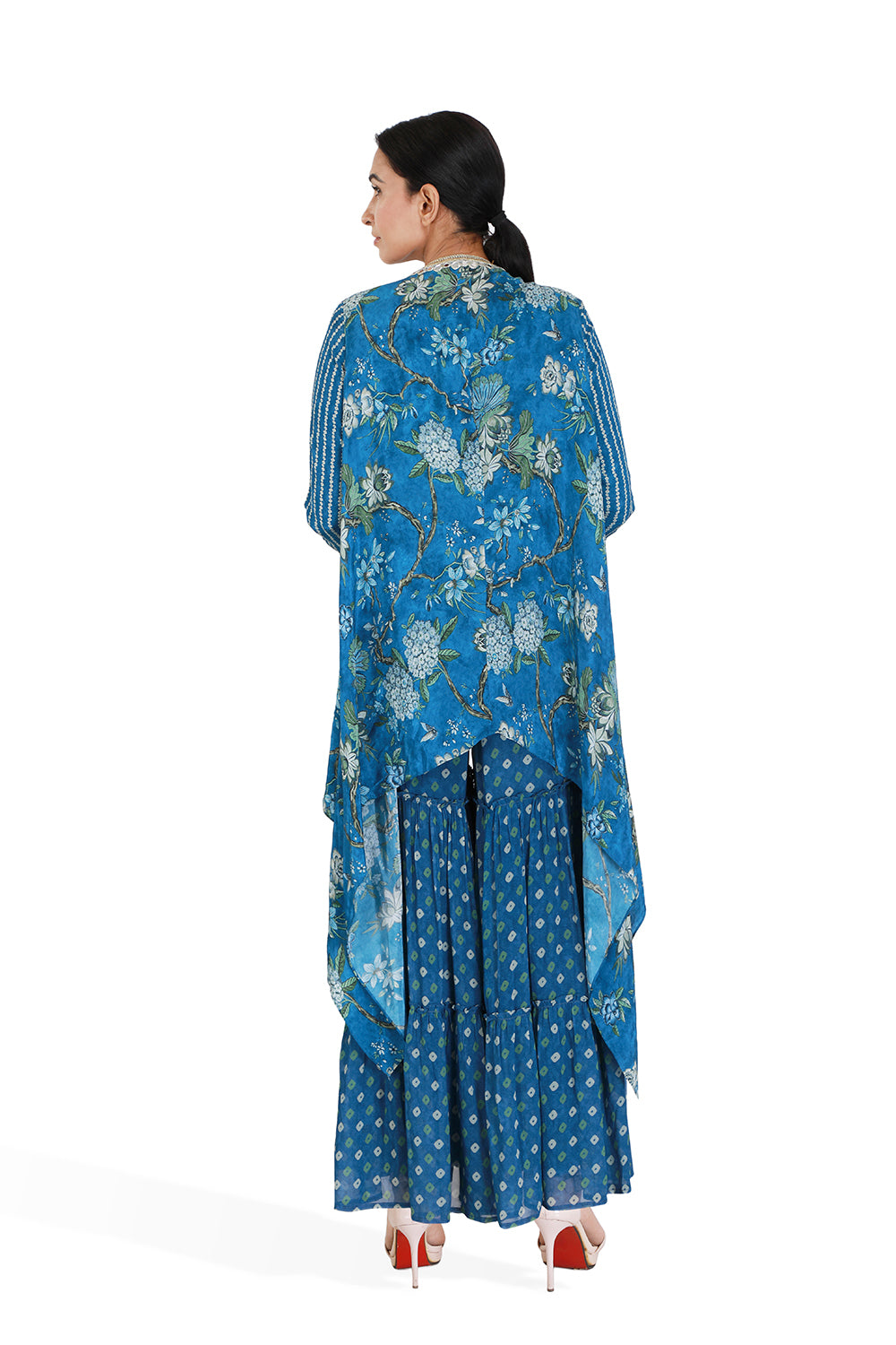 Blue Floral Cape With Crop Top & Sharara Pants - Set of 3