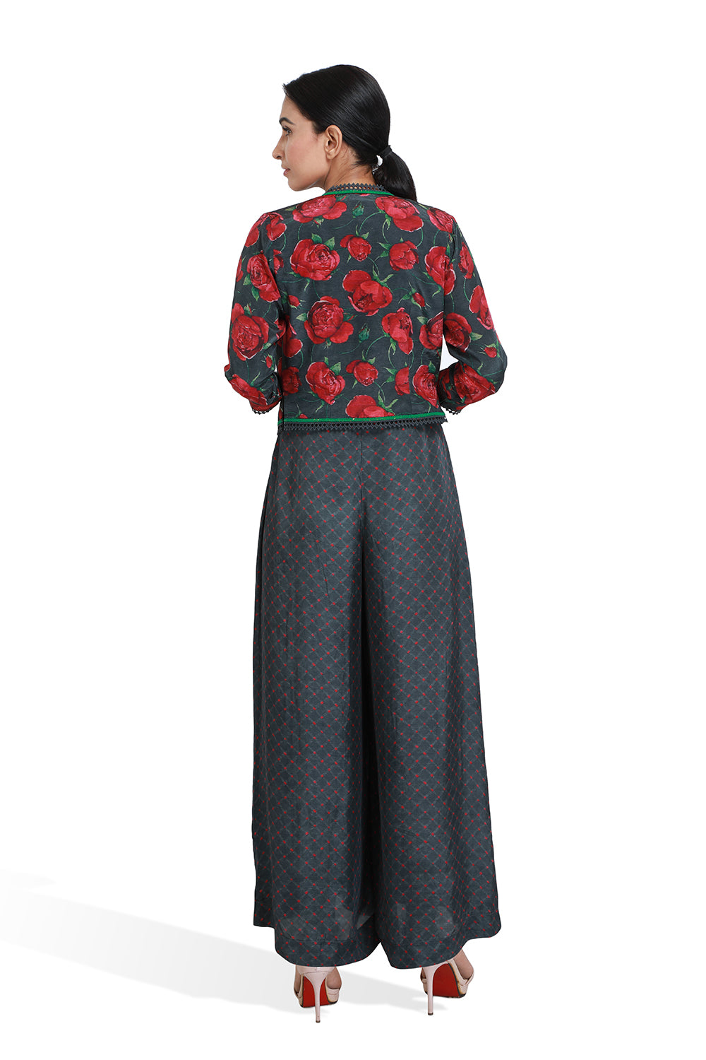 Black And Rose Print Jumpsuit With Jacket - Set of 2