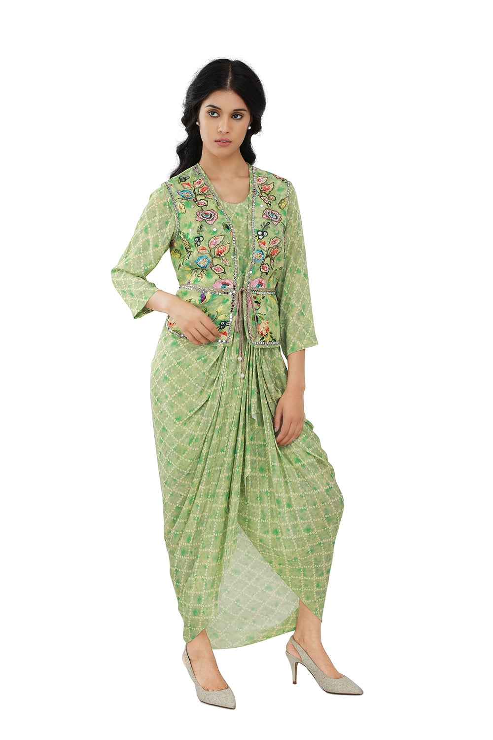 Green Bandhini Print Drape Dress - Set of 2