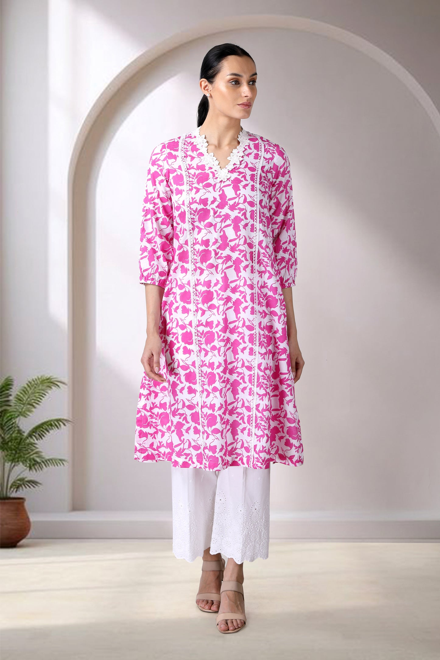 Pink And White Printed A-line Kurta Set