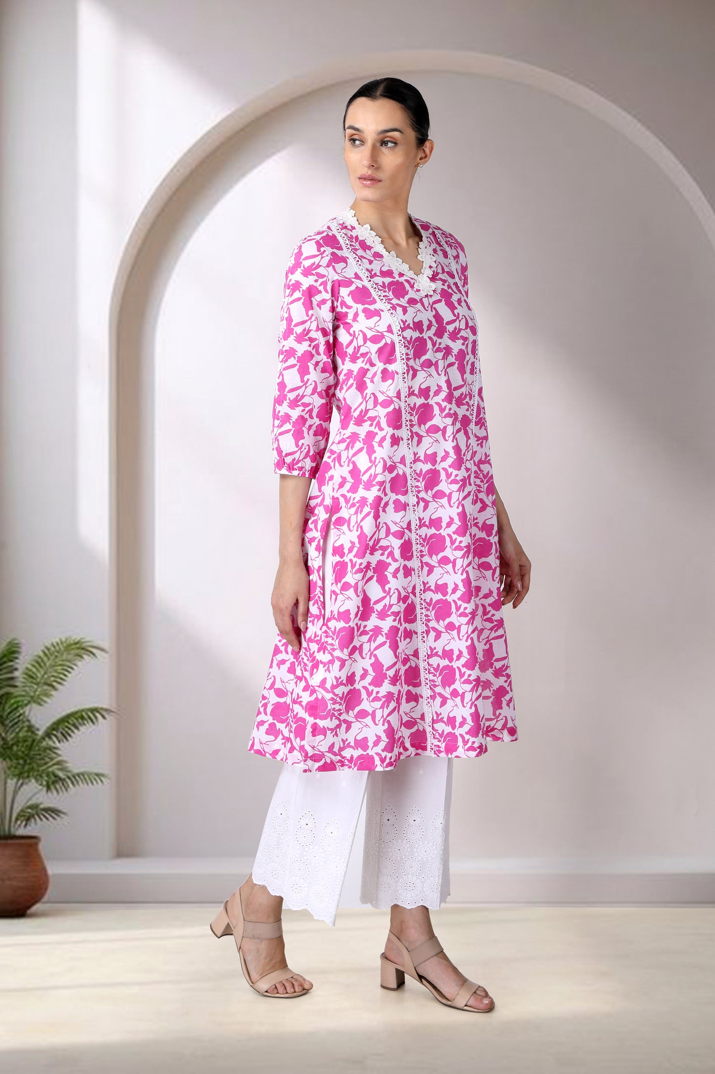 Pink And White Printed A-line Kurta Set