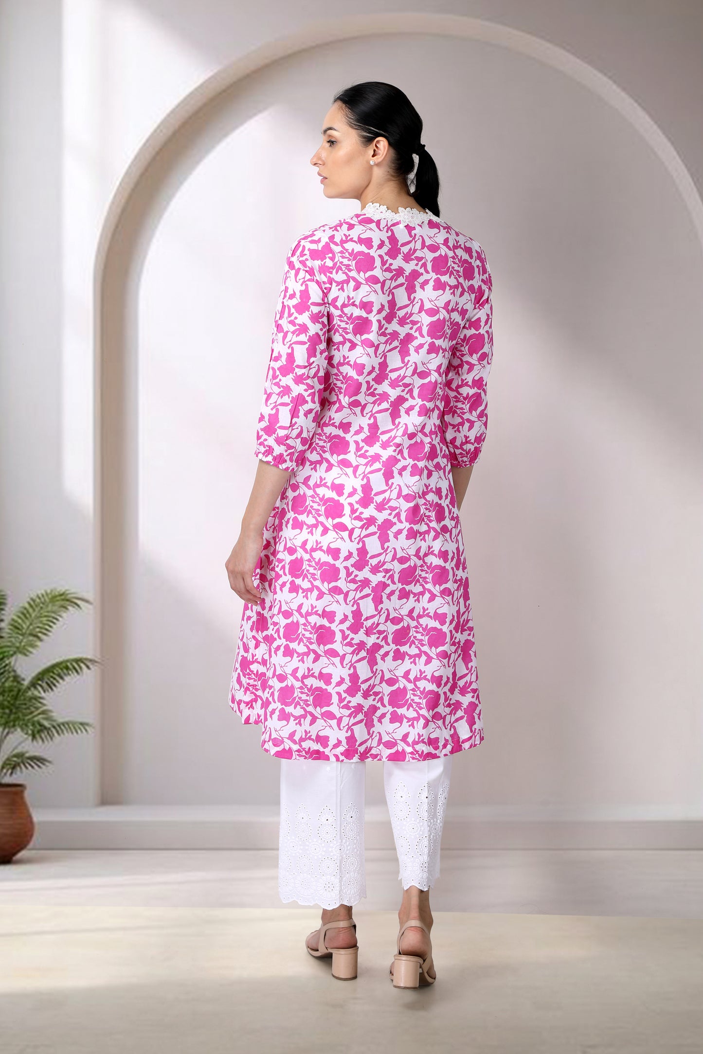 Pink And White Printed A-line Kurta Set