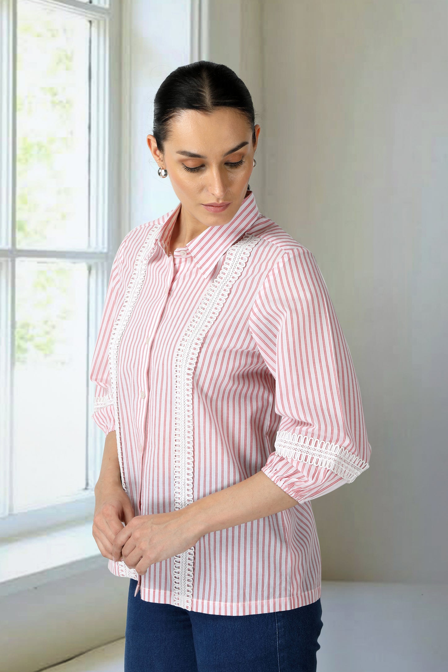 Pink And White Striped Collar Shirt