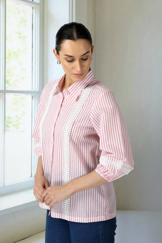 Pink And White Striped Collar Shirt