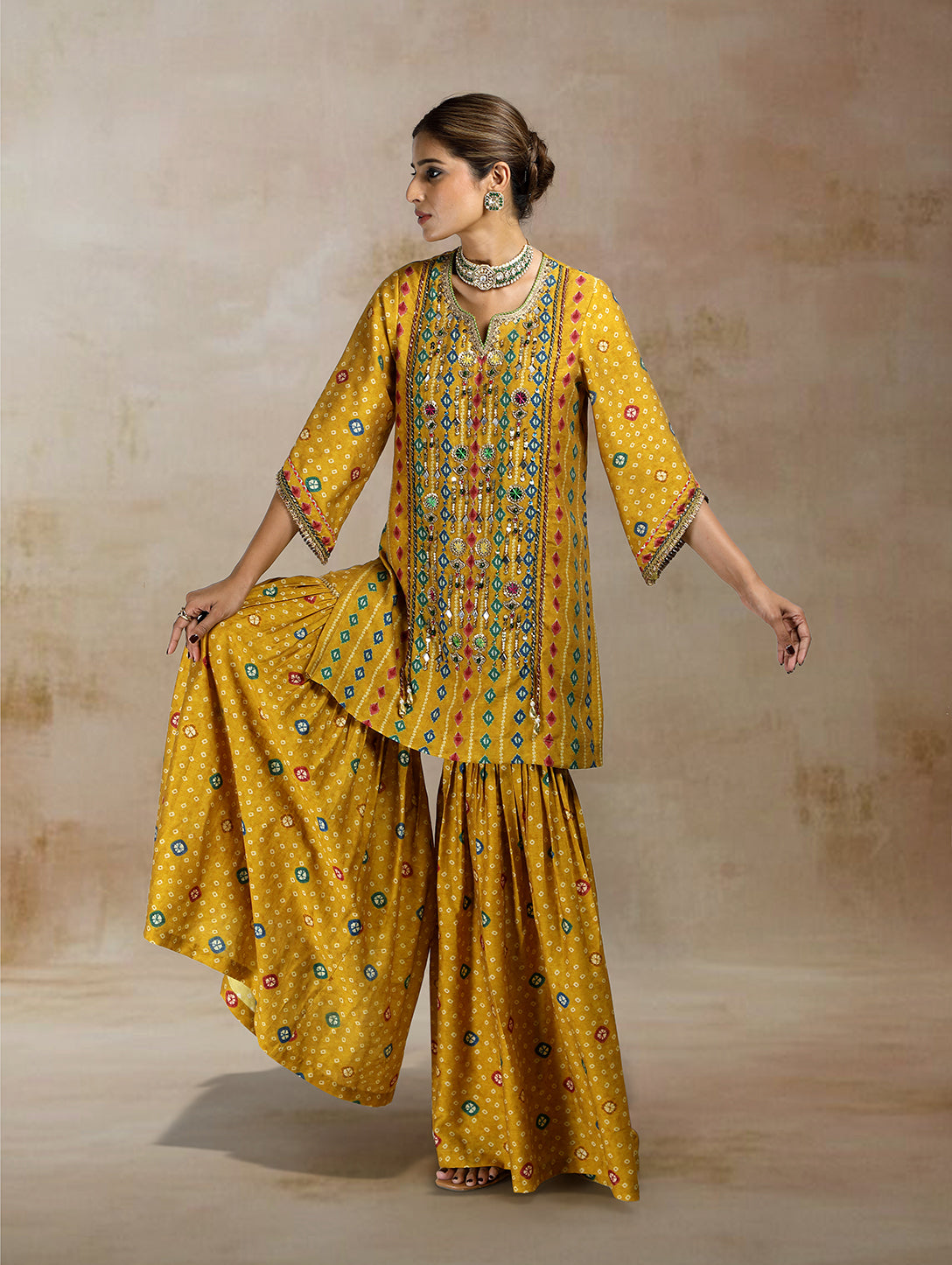 Raiza Ikat Bandhini Peplum Sharara Set