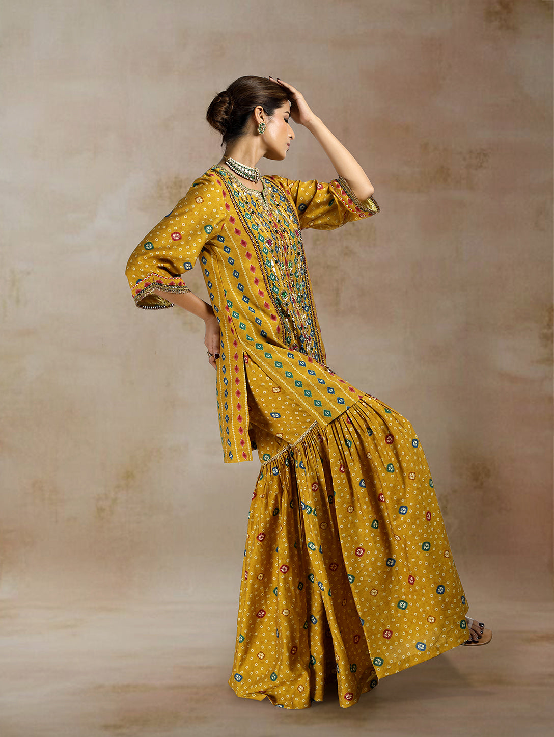 Raiza Ikat Bandhini Peplum Sharara Set