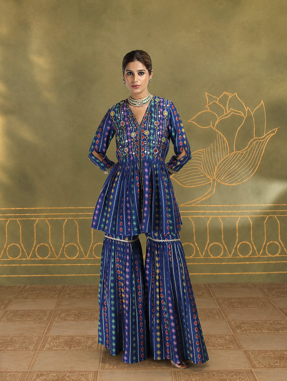 Hazel Ikat Bandhini Sharara Set in Ochre