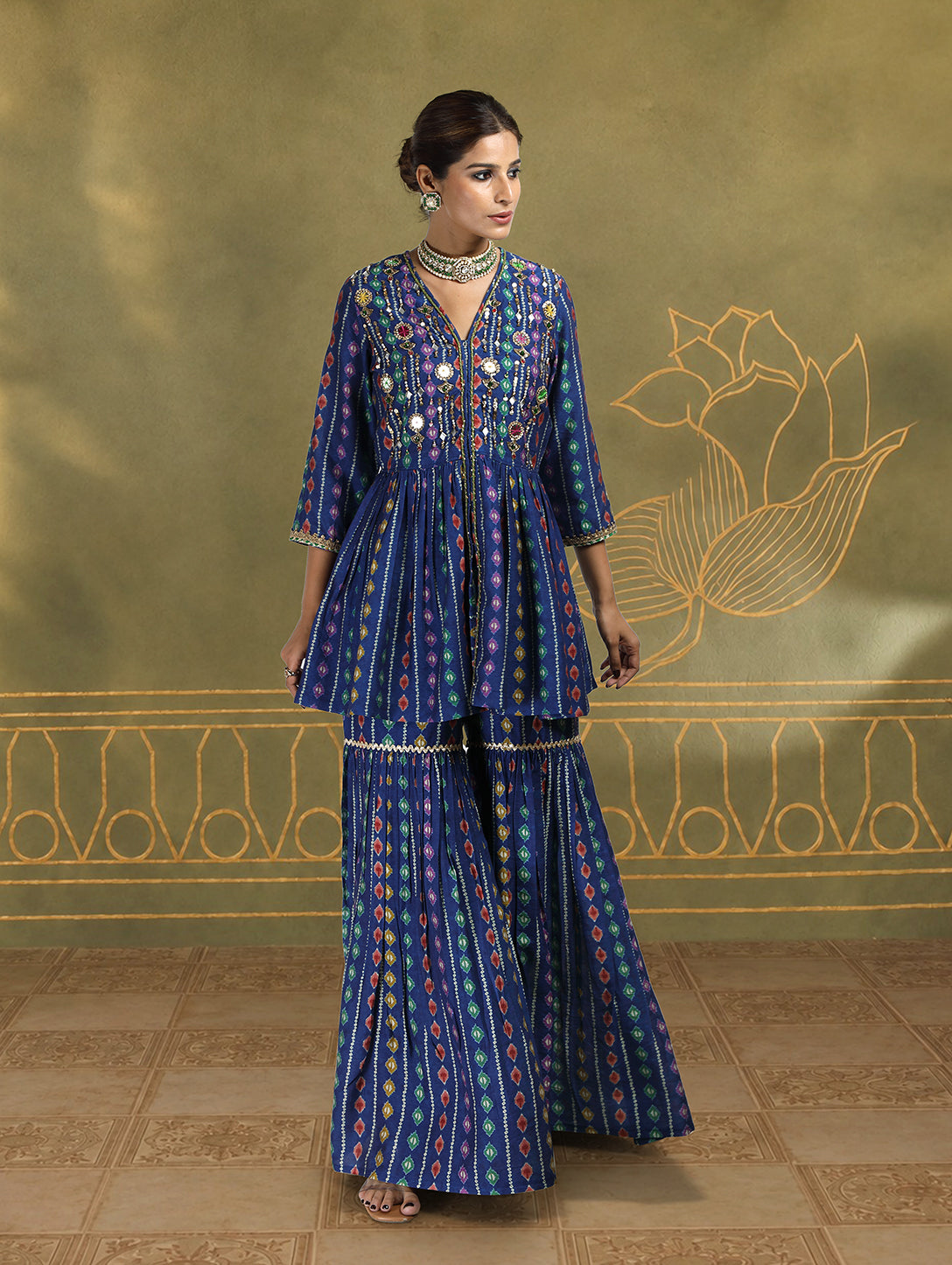 Hazel Ikat Bandhini Sharara Set in Ochre