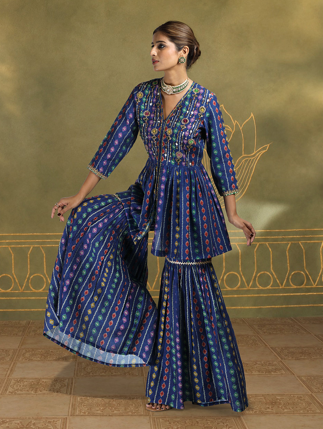 Hazel Ikat Bandhini Sharara Set in Ochre