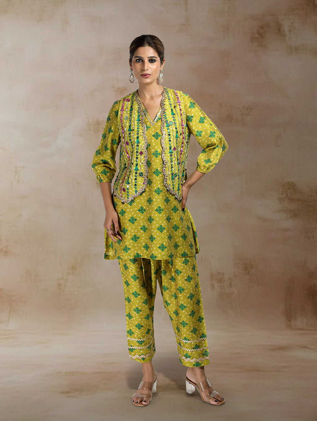 Nazia Bandhini Jacket Co-ord Set in Green
