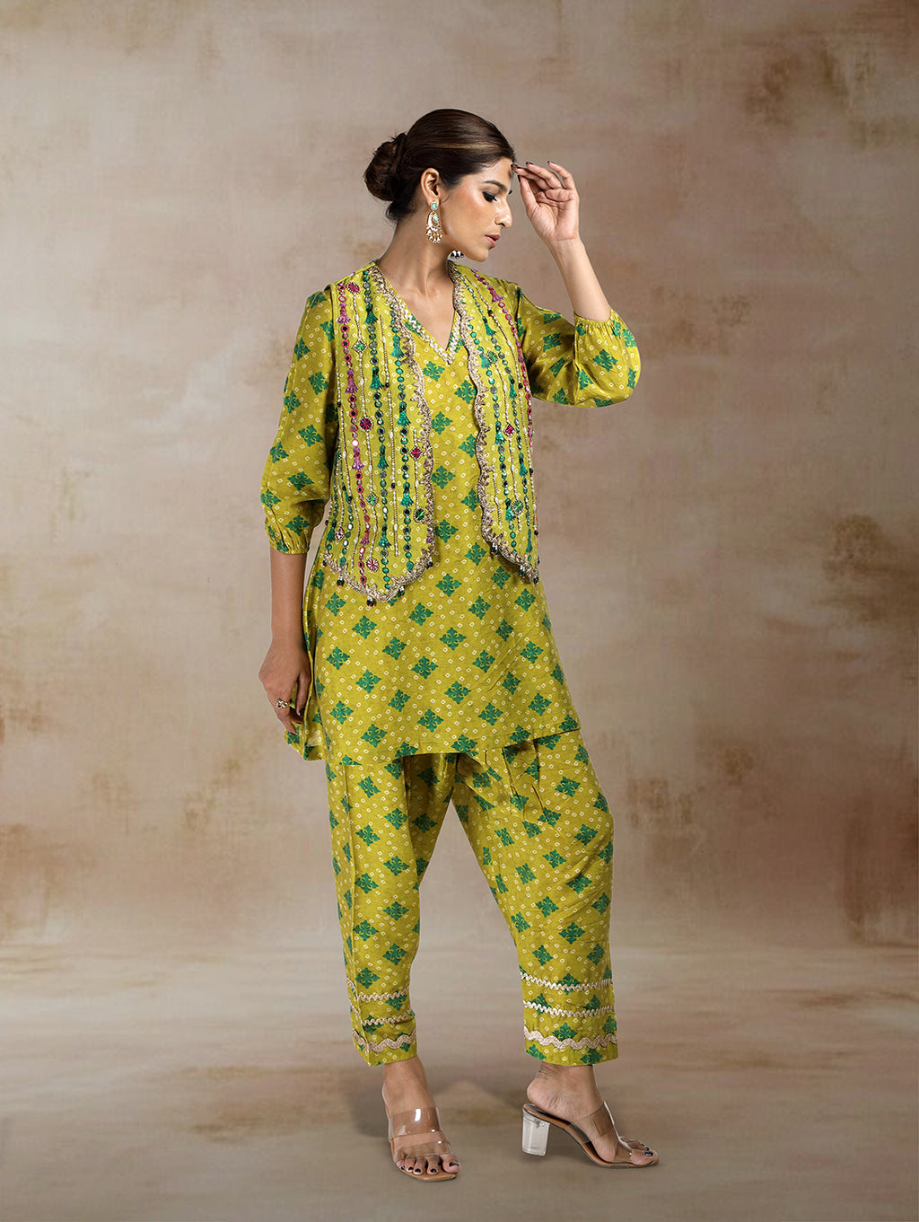 Nazia Bandhini Jacket Co-ord Set in Green