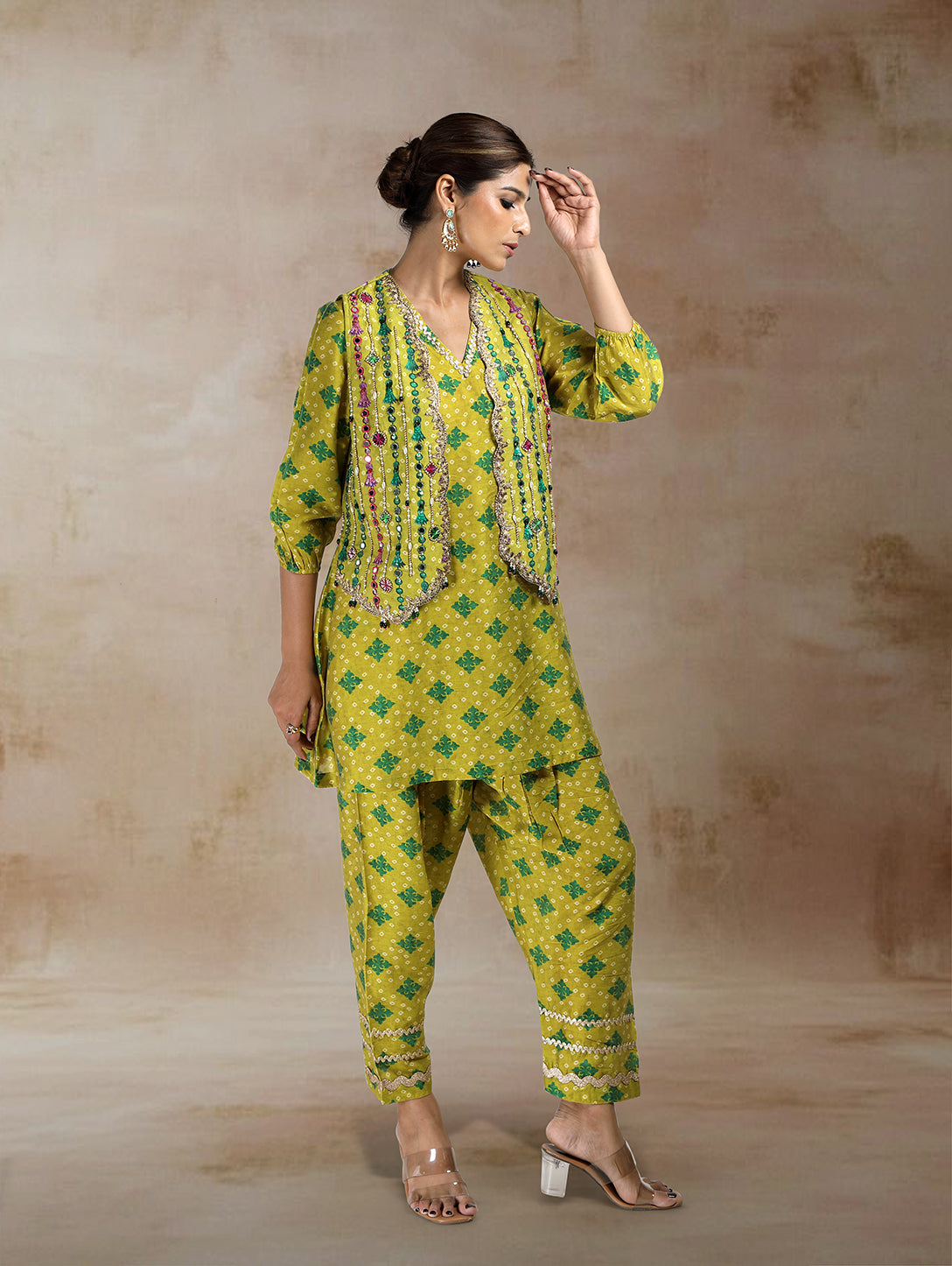 Nazia Bandhini Jacket Co-ord Set in Green
