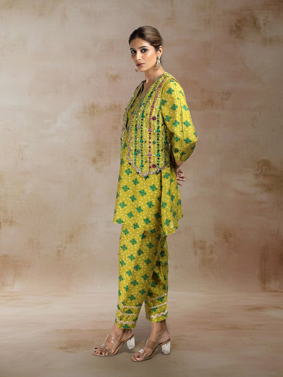 Nazia Bandhini Jacket Co-ord Set in Green