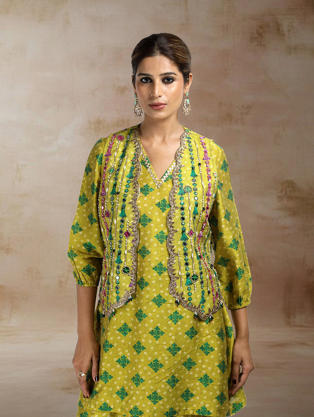 Nazia Bandhini Jacket Co-ord Set in Green