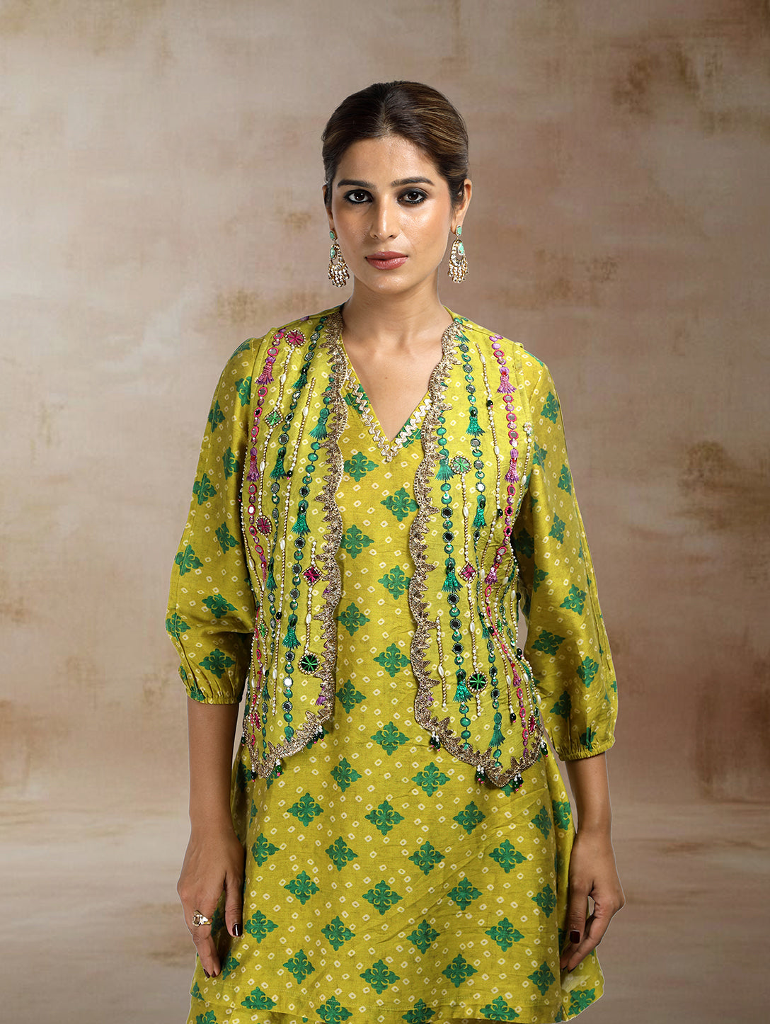 Nazia Bandhini Jacket Co-ord Set in Green