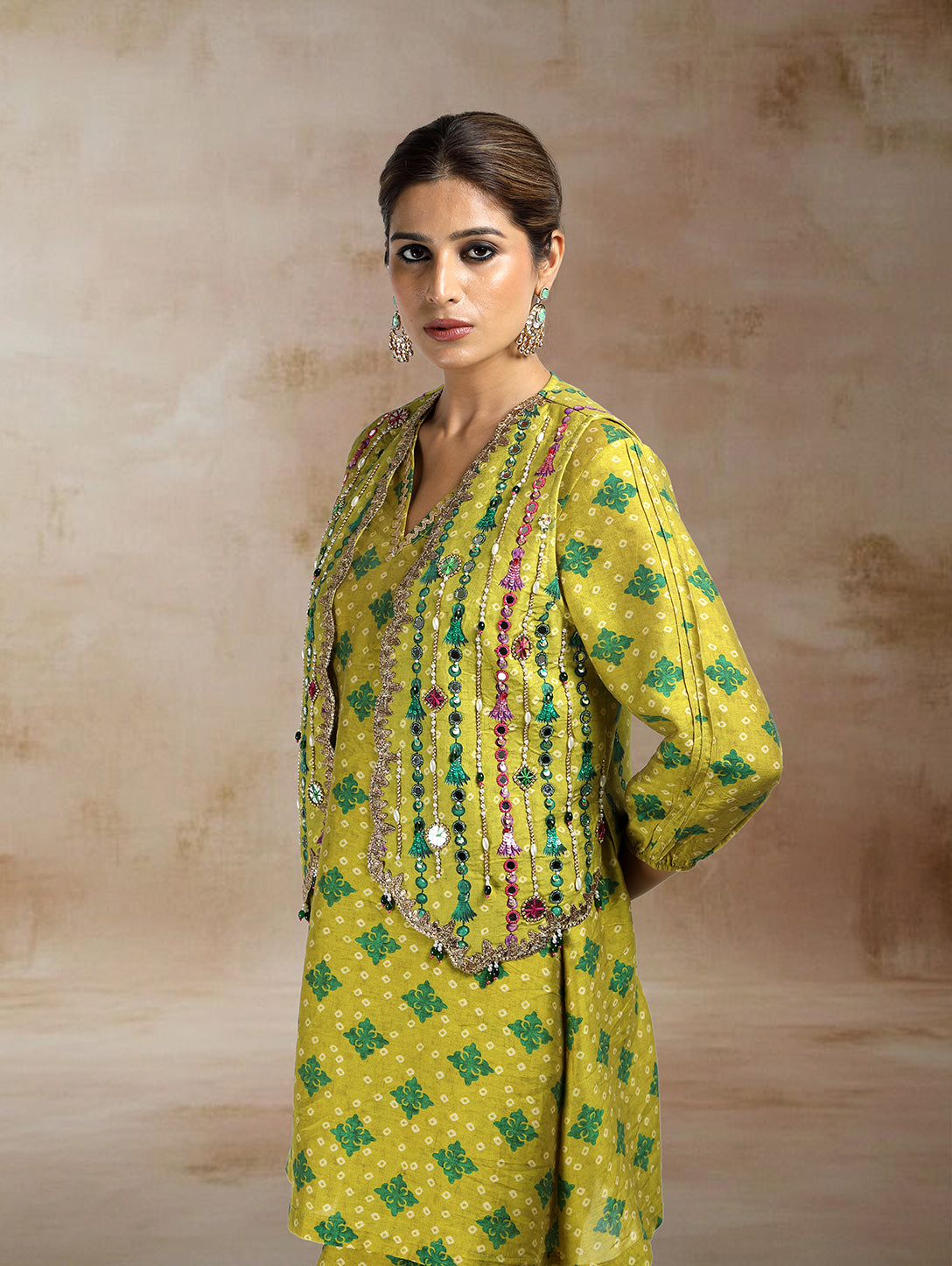 Nazia Bandhini Jacket Co-ord Set in Green