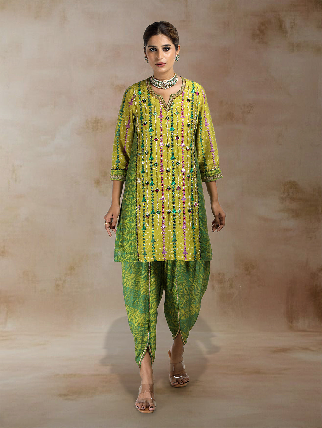 Ojara Tassel Print Kurta Set with Draped Tulip Salwar