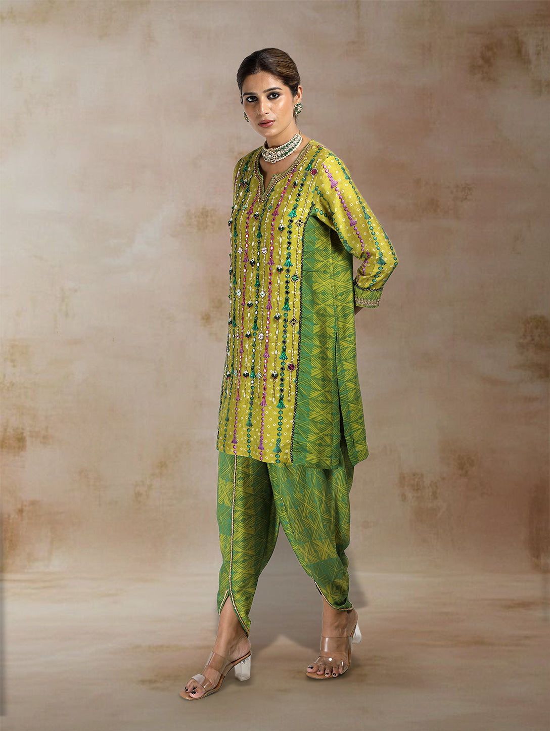 Ojara Tassel Print Kurta Set with Draped Tulip Salwar