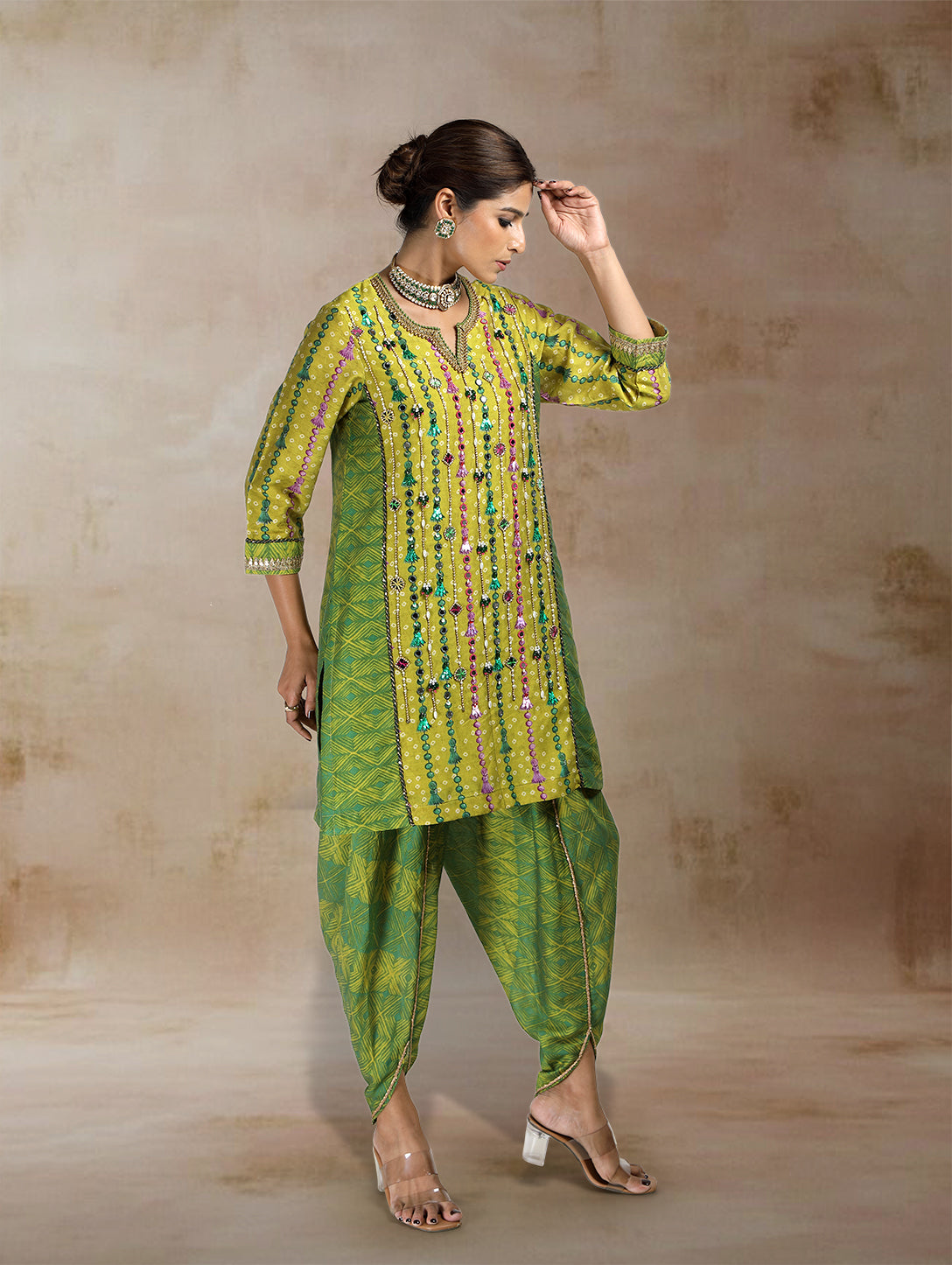 Ojara Tassel Print Kurta Set with Draped Tulip Salwar