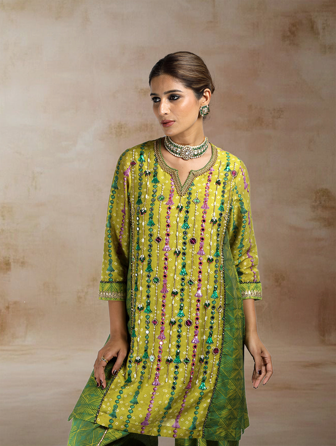 Ojara Tassel Print Kurta Set with Draped Tulip Salwar