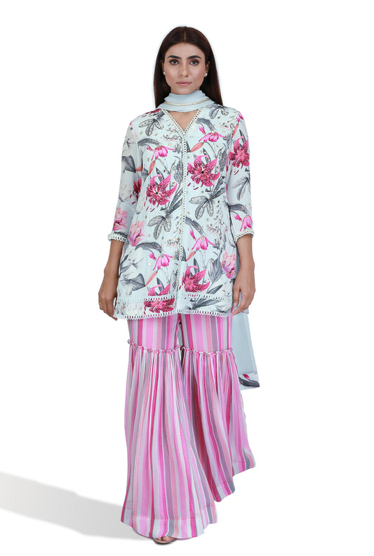 Pink floral embroidered sharara set- SET OF 2