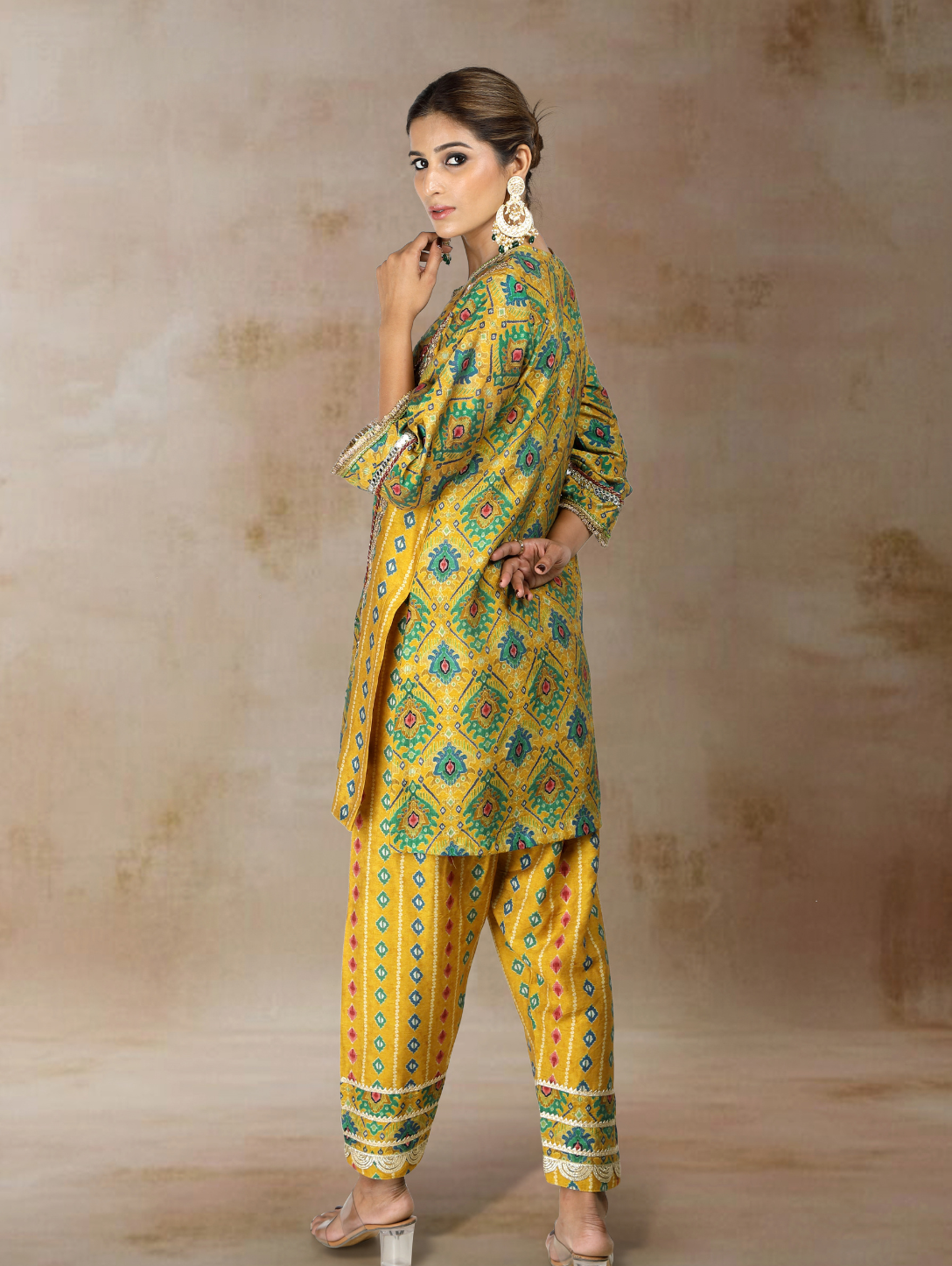 Sorai Ikat Bandhini Kurta Set in Ochre