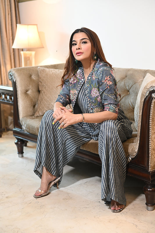 Grey Bandhini Jacket Jumpsuit - Set of 2