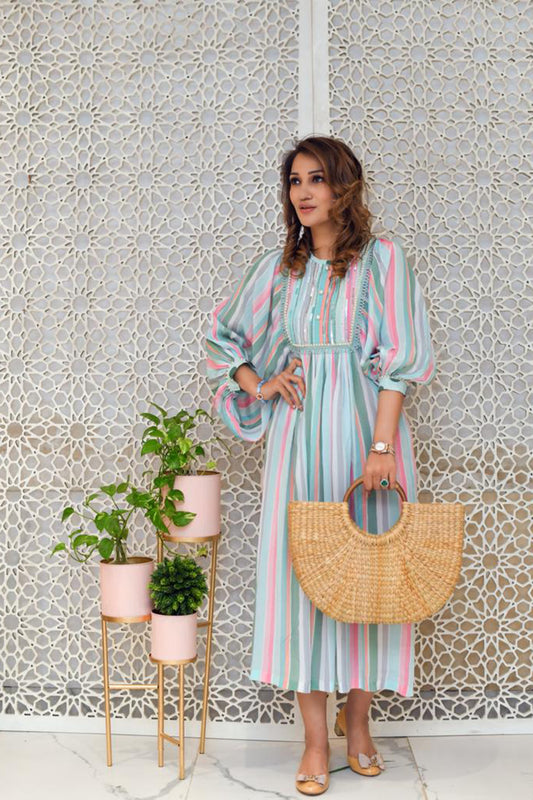 Turqoise Stripe Balloon Sleeve Dress