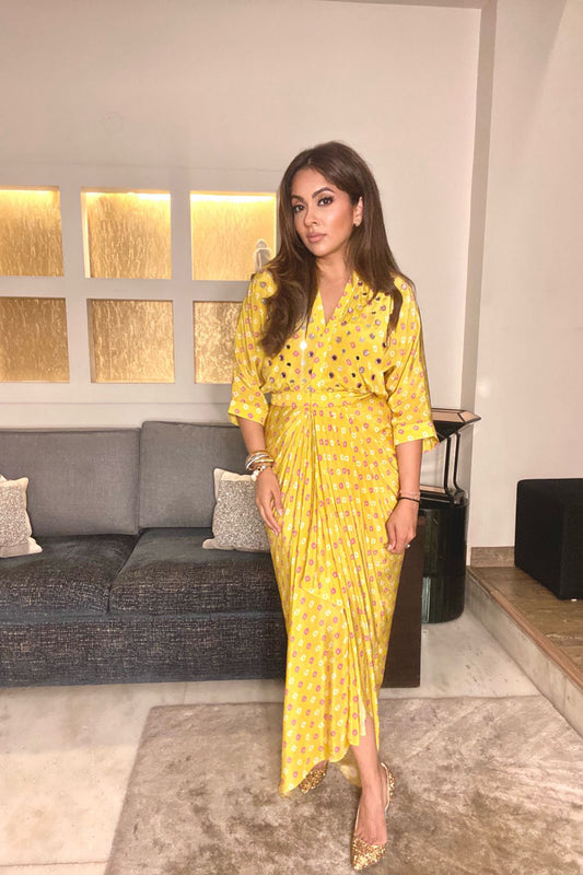 Yellow Bandhini Print Drape Dress