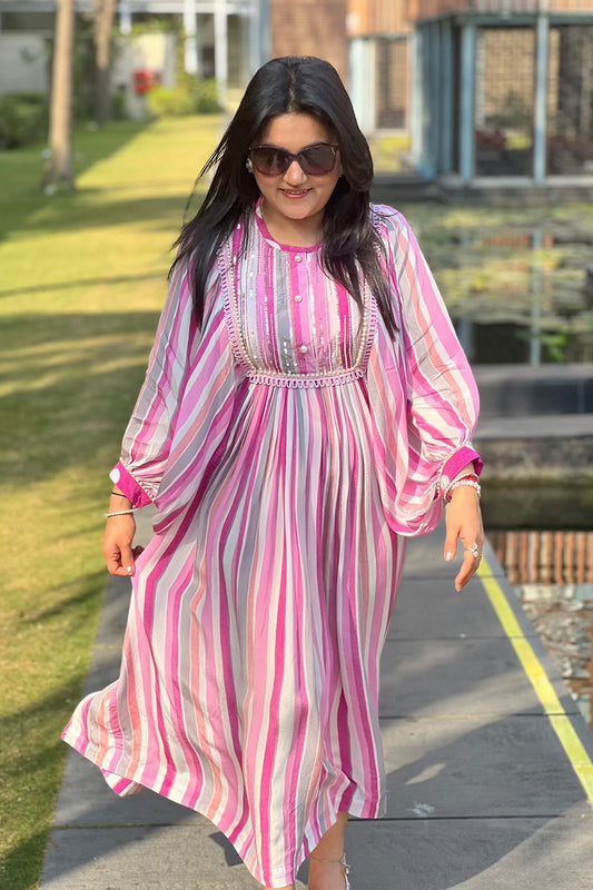 Pink Stripe Balloon Sleeve Dress