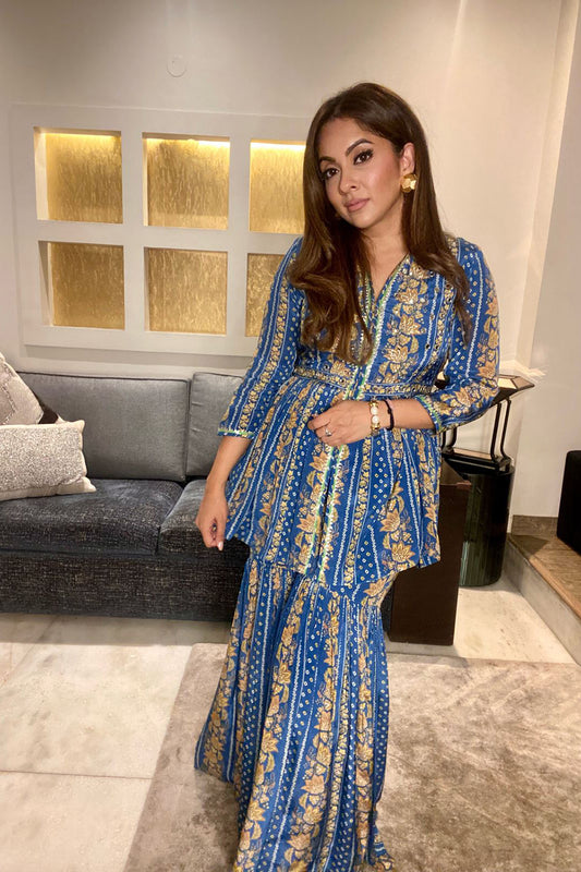 Blue Short Peplum Kurta With Sharara - Set of 2