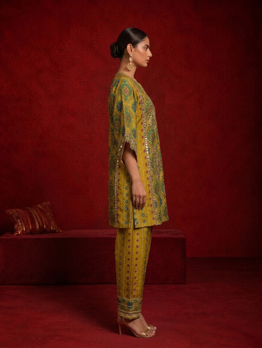Sorai Ikat Bandhini Kurta Set in Ochre