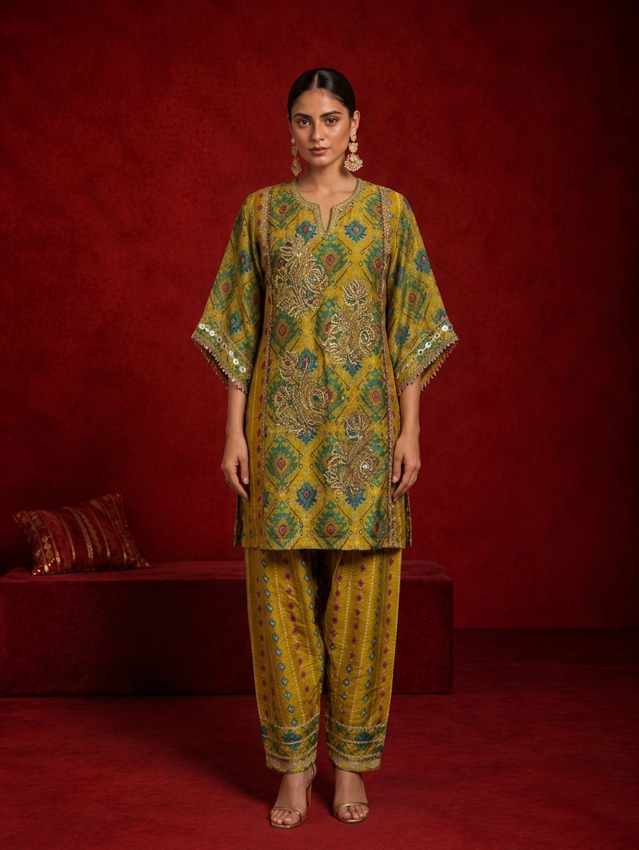 Sorai Ikat Bandhini Kurta Set in Ochre