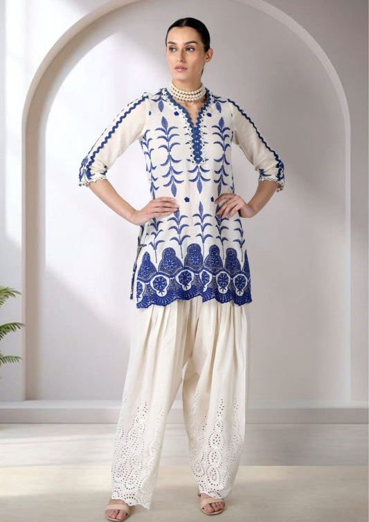 White And Blue Embroidered Cotton Mul Kurta Set.