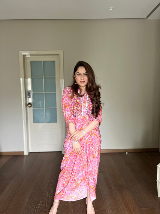 Pink Boho Print Drape Dress