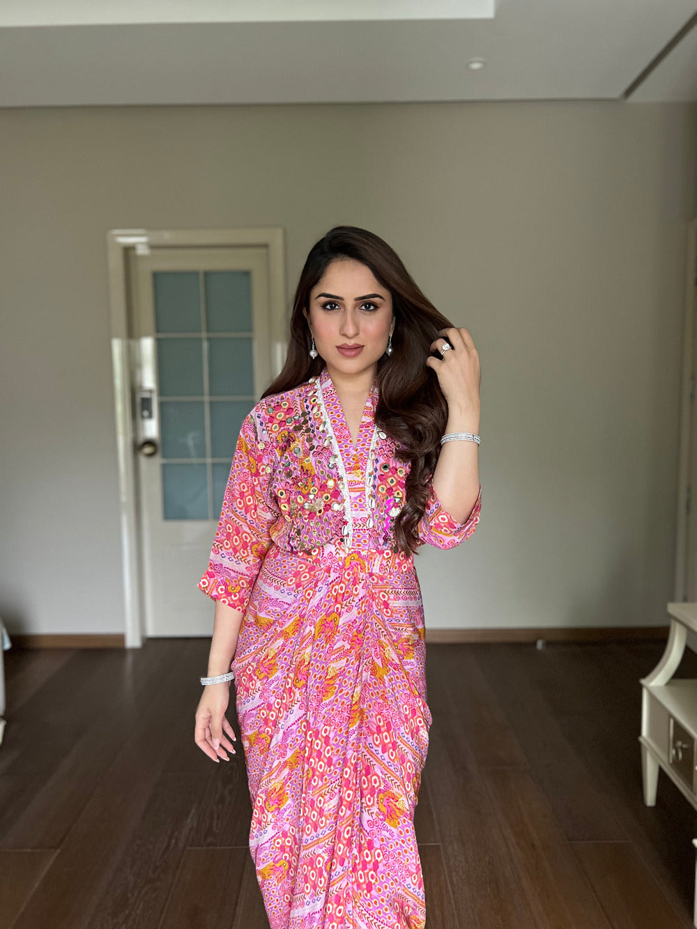 Pink Boho Print Drape Dress