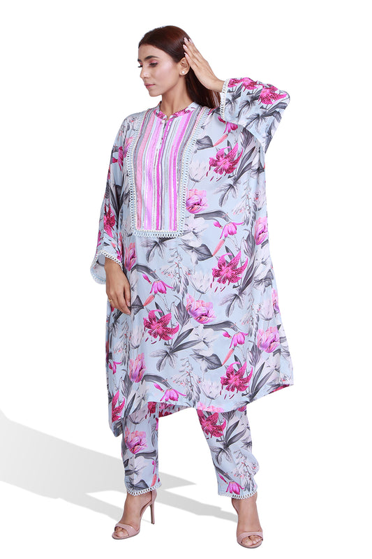 Turqoise Floral Print Kaftan Kurta Set - Set of 2