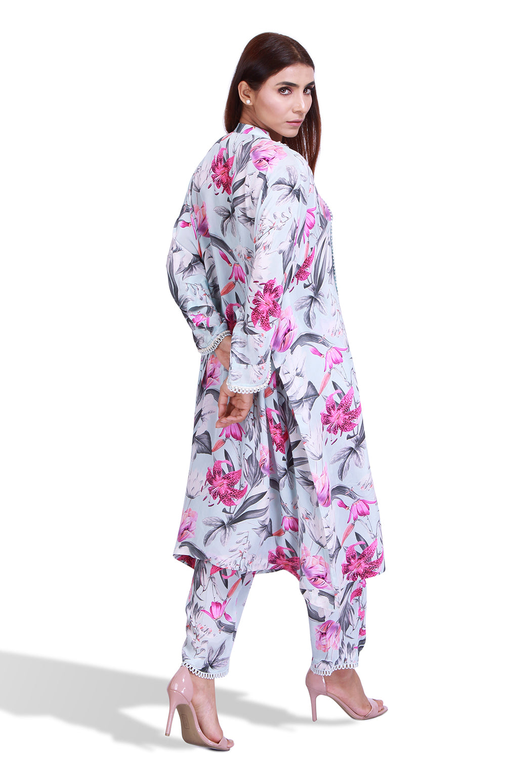 Turqoise Floral Print Kaftan Kurta Set - Set of 2