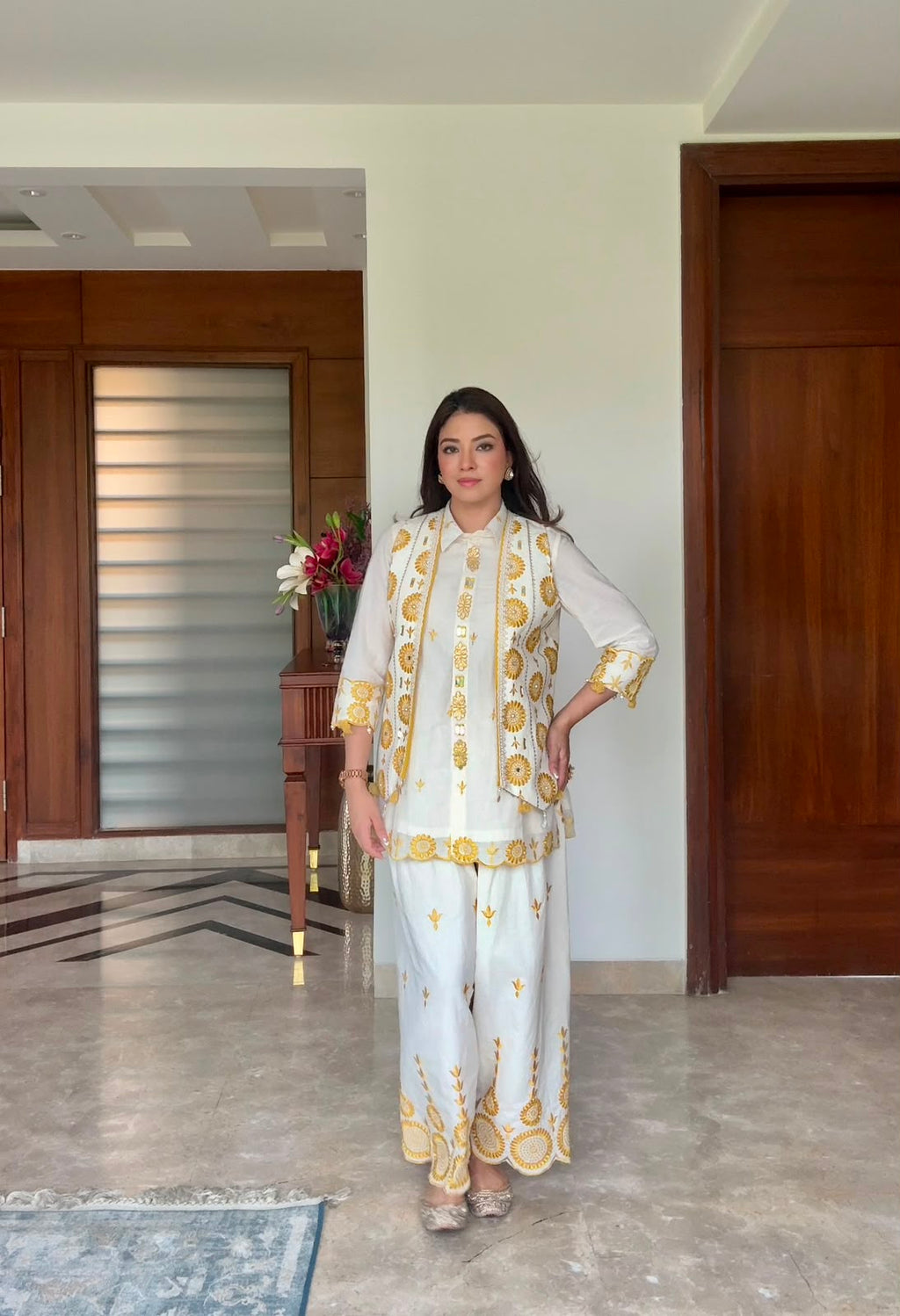 Meera Mirror Embroidered Jacket Sharara Set in Yellow