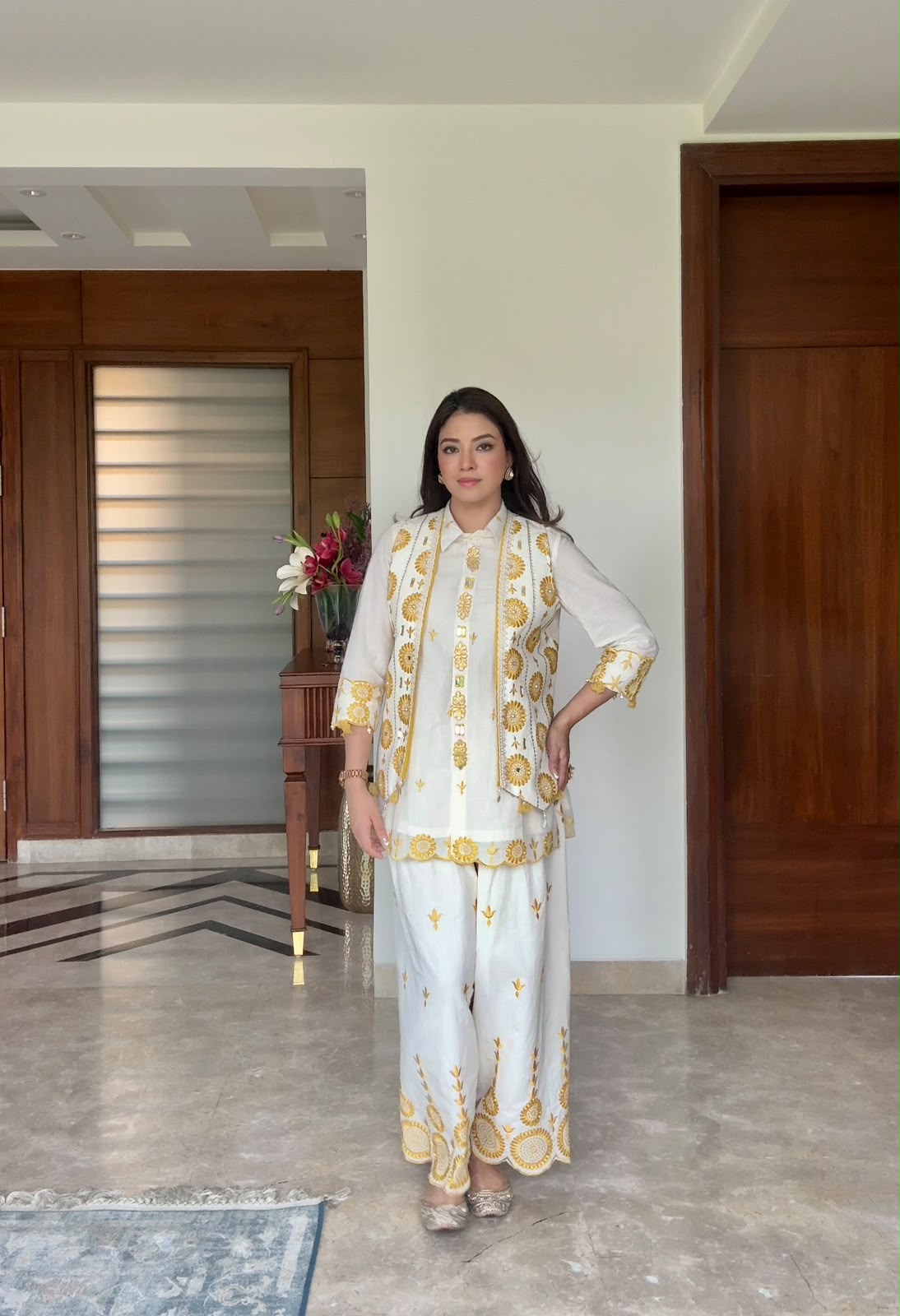 Meera Mirror Embroidered Jacket Sharara Set in Yellow