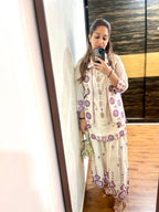 ⁠Meera Mirror Embroidered Jacket Sharara Set in Mauve