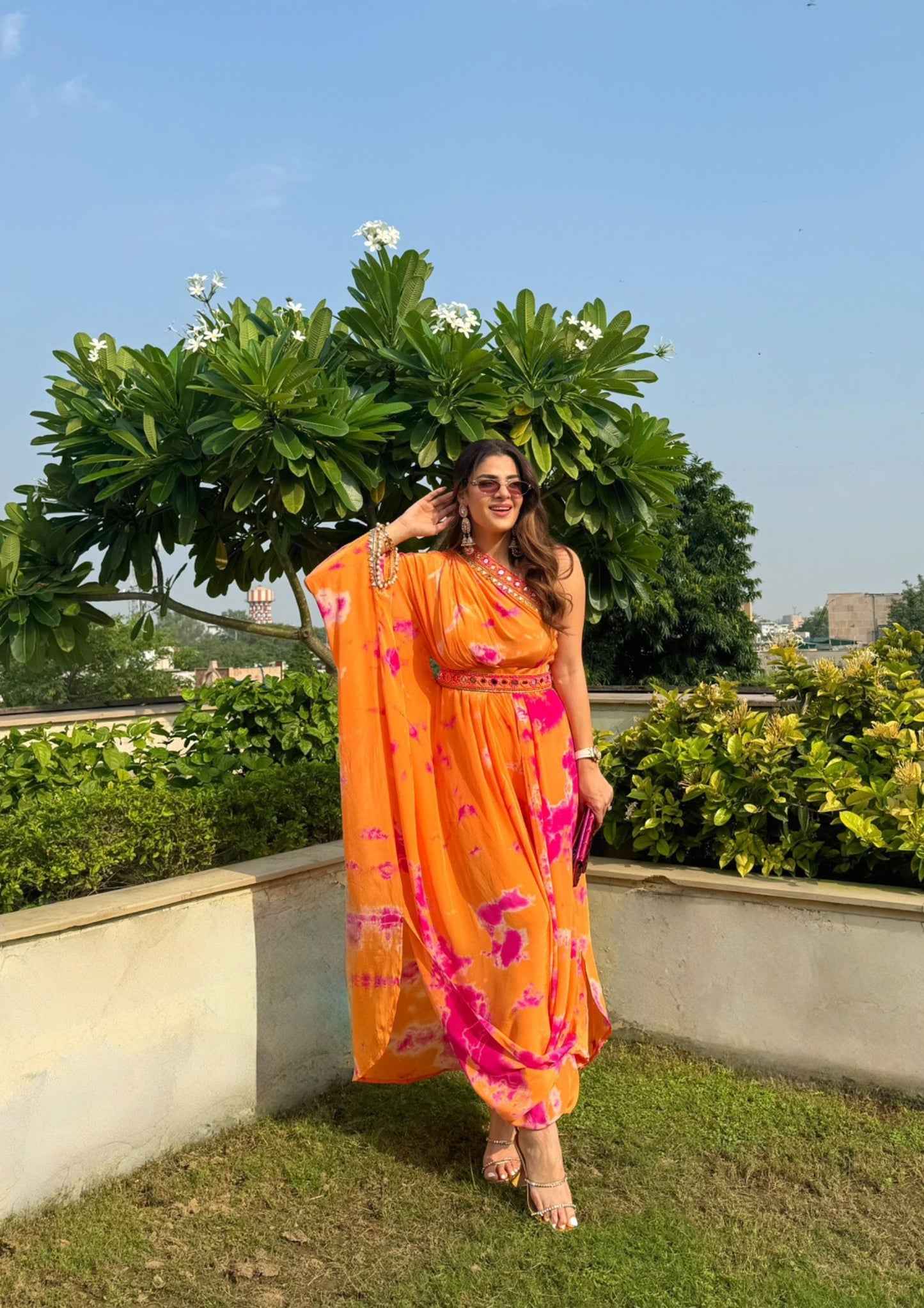 ONE SHOULDER DRAPE DRESS - PINK & ORANGE TIE & DYE